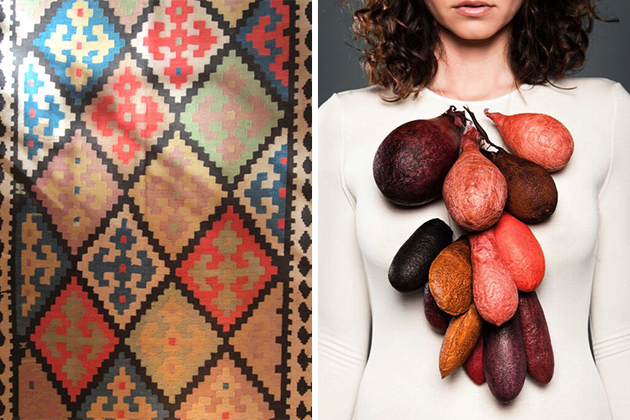 מצד ימין אישה עם חולצת פירות, מימין שטיח 