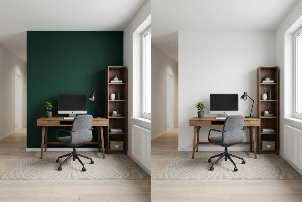חדר עבודה עם קיר כוח ירוק צבוע אקווניר ONE WALL