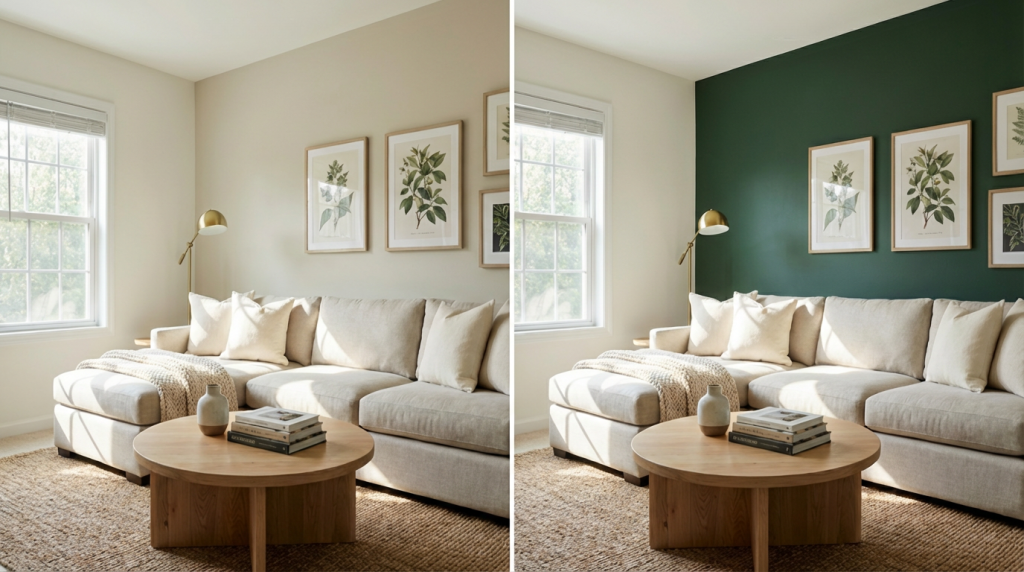 אקווניר ONE WALL סלון עם קיר כוח לפני ואחרי